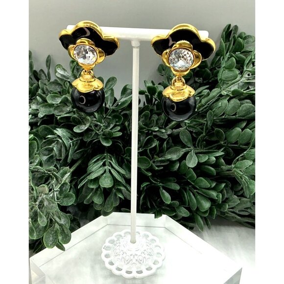 Gold and Black Enamel Flower Earrings With Crystal Accents and Black Beads - Picture 5 of 8